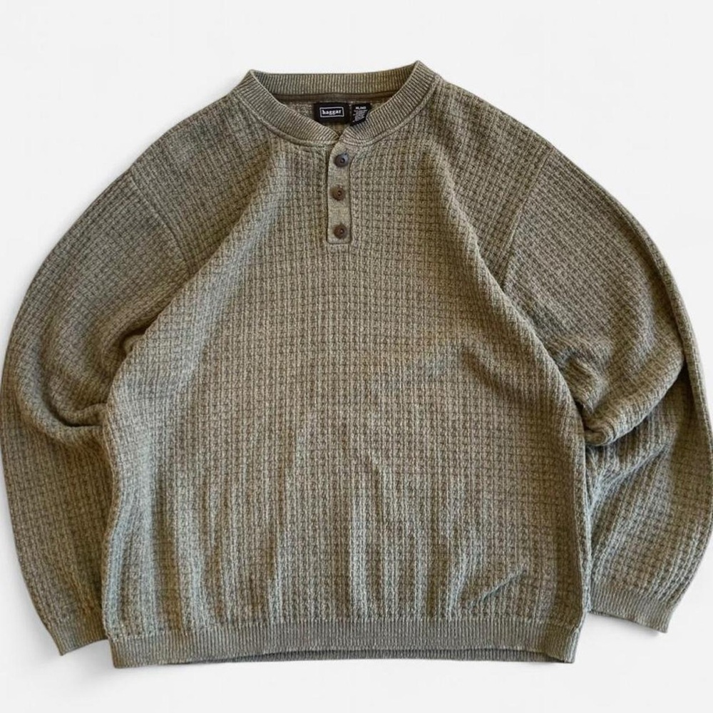 Haggar Earthy Green Textured Waffle Knit Henley Sweater Men’s XL